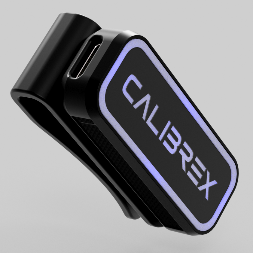 Black Calibrex device attached on Calibrex body clip on a gray background. Calibrex is a Velocity Based Training and weightlifting wearable coach.